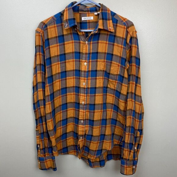 Gustin Other - Gustin Shirt Mens L Orange Long Sleeve Button Flannel Plaid CL Missing Button